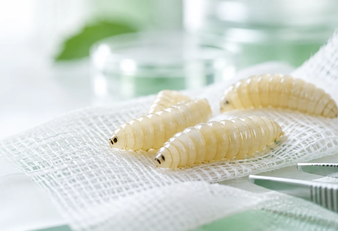 Conceptual close-up of medicinal larvae on clean gauze in a laboratory setting; not a clinical photograph.